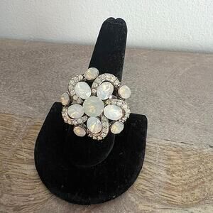 Irridescent rhinestone studded cluster adjustable silver tone cocktail ring